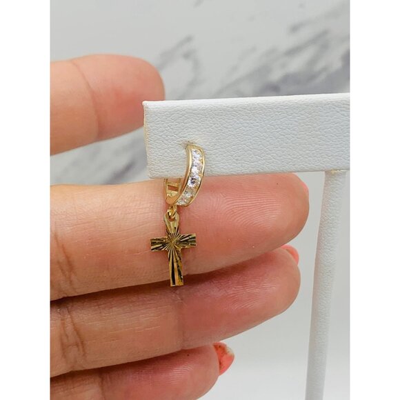 ❤️ 10k Solid Gold earrings dangle hoop Huggie cross